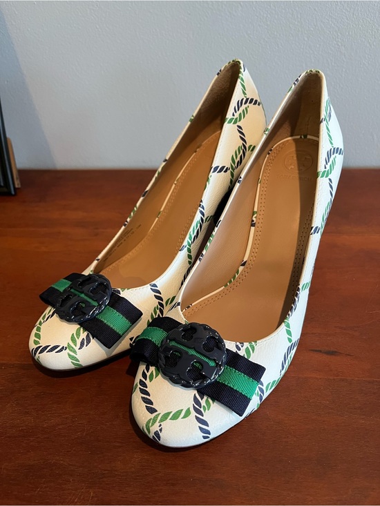 Tory Burch Shoes - Tory Burch Maritime Block Heel Leather Pumps Green And Blue Nautical Rope Sz 10M